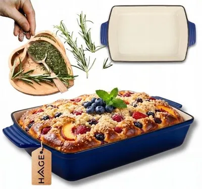 Imagen del producto de Sartén de hierro fundido esmaltado para hornear, de 32 x 23,5 cm, color azul