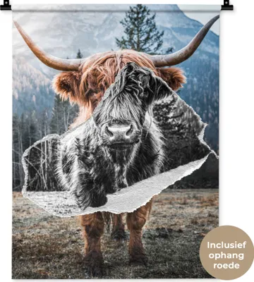 Produktbild von MuchoWow® Wandteppich Wandbehang Schottisches Hochlandrind - Tiere - Schwarz - Weiß 60x80 cm Tapisserie Dekoration Wandtuch - Decke - Wandtücher - Wohne