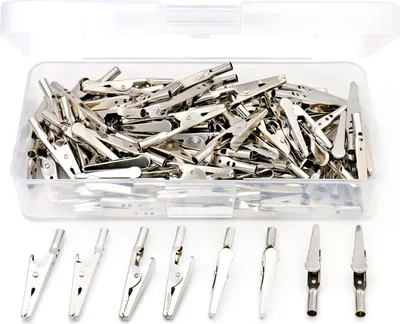 Produktbild von 100 Stück 2 Zoll/51 mm Krokodilklemmen aus Stahl, Krokodilklemmen, silberfarben, vernickelt, in Kunststoffgehäuse