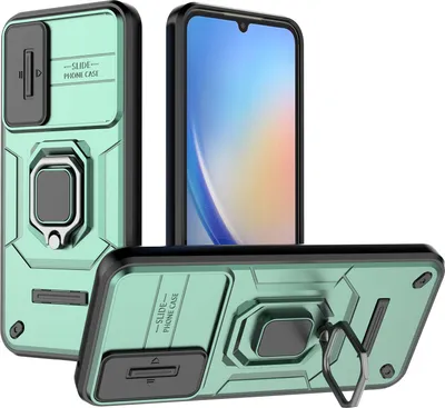 Image de Étui pour Samsung Galaxy A34 étui double couche avec protection coulissante de l'appareil photo et support d'anneau, stand vert