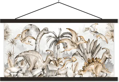 Produktbild von MuchoWow® Textilposter Dino - Dschungel - Natur - Tiere - Kinder - Kinder 90x45 cm mit schwarzem Rahmen - Klemmleisten