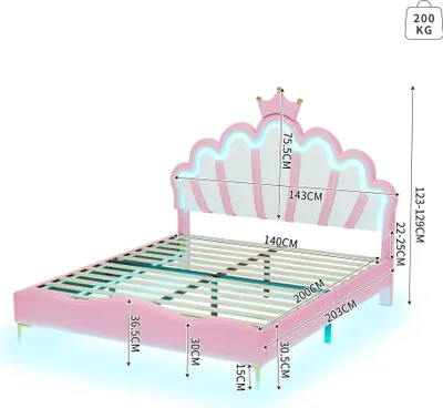 A pink princess bed with a crown-shaped headboard and LED lights, shown with dimensions indicated by measurement lines and text.