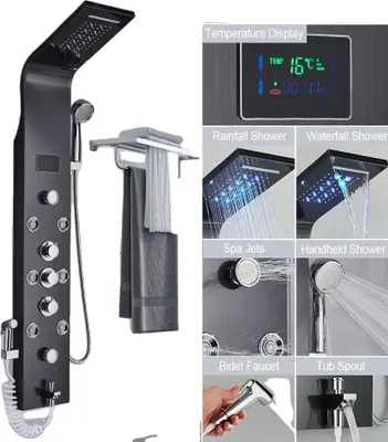 Produktbild von Duschpaneelsystem, LED-Wasserflussanzeige, Dreifachbedienung,8009 Schwarz
