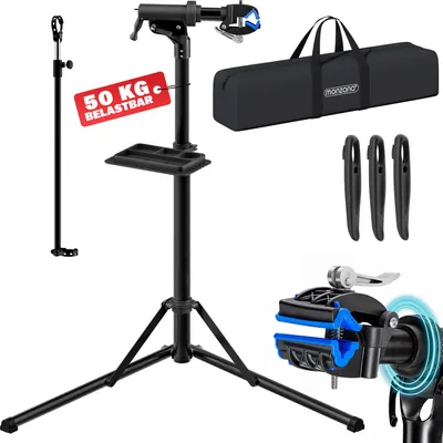 Produktbild von MONZANA® Fahrradmontageständer Profi 50 kg für E-Bike Tragetasche Reifenheber Werkzeugablage Stahl klappbar höhenverstellbar Reparaturständer Fahrrad