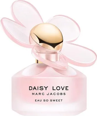 A close-up studio shot of a Marc Jacobs Daisy Love Eau So Sweet perfume bottle.