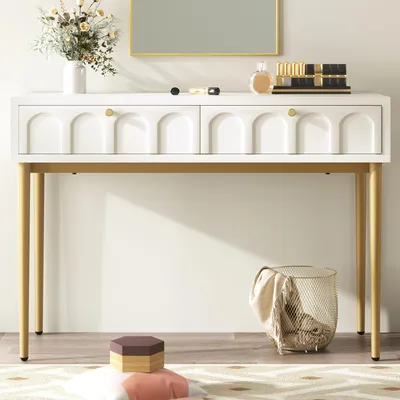 Image de Commode à 2 tiroirs 100 x 76,5 x 45 cm Coiffeuse blanche Buffet Commode à tiroirs pour chambre à coucher Style moderne Blanc crème