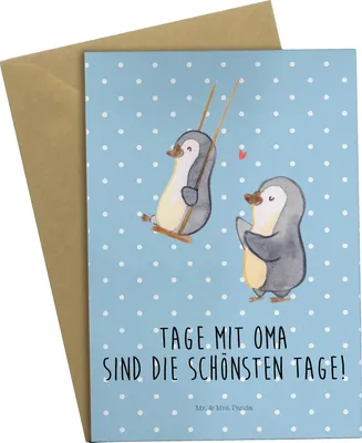 Produktbild von Mr. & Mrs. Panda Grußkarte Pinguin Oma schaukeln - Blau Pastell - Geschenk, einladungskarten, osterkarten, Muttertag, weihnachtskarten, Omi, Großmutter, für, Grußkarten