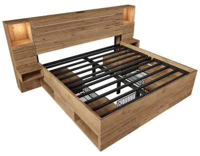 Produktbild von Holzbett - 160 x 200 cm - LED-Beleuchtung mit USB-C - Beleuchtete Nische - Schwebende Nachttische - Stauraum mit Schubladen - Eiche