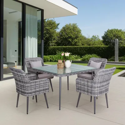 Produktbild von Gartenmöbel Garten Essgruppe Sitzgruppe LIMA grau 5-Teilig mit Kissen Garten Terrasse Balkon Garten Wetterbeständig aus Rattan UV-Beständig