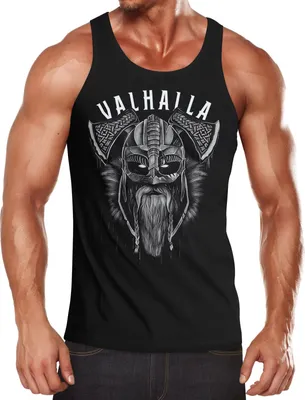 Produktbild von Herren Tank-Top Aufdruck Valhalla Wikinger Helm Viking Odin Krieger Muskelshirt Muscle Shirt Neverless® schwarz XXL