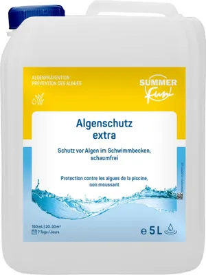A white plastic jug of pool chemical, with a yellow and blue label.