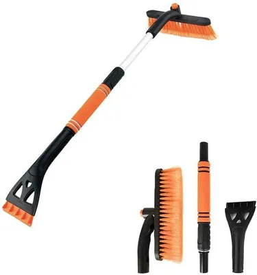 Obrázok produktu pre Uniqoos® 2-v-1 teleskopická snehová kefa a odstraňovač ľadu pre automobily a nákladné vozidlá – výsuvná, otočná hlavica kefy o 360°, odnímateľný odstraňovač ľadu, materiál ABS a dvojvrstvové nylonové štetiny