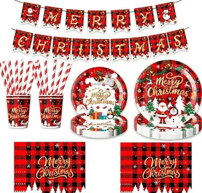 Image de Ensemble de vaisselle de Noël comprenant 61 pièces, idéal pour décorer votre table pendant les fêtes