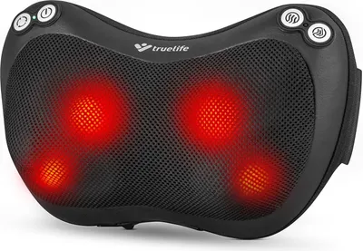 A black massage pillow with red heating elements visible through a mesh cover.