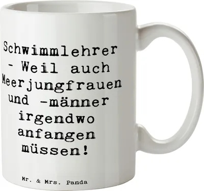 Produktbild von Mr. & Mrs. Panda Pott Spruch Schwimmlehrer Anfang - Weiß - Geschenk, Sicherheit, Berufe, Geschenke für Berufstätige, Frühstücksbecher, Teepott, Schwimmausbildung, Fitness