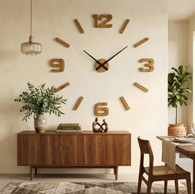 Productafbeelding van Wandklok, groot, eiken, modern, geruisloos, zelfklevend, 100-130 cm
