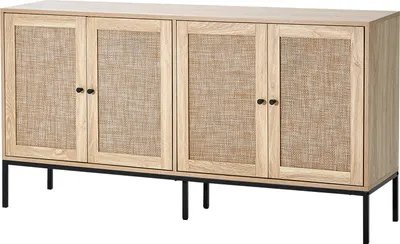 A light wood sideboard with woven cane doors and black metal legs, presented against a white background.