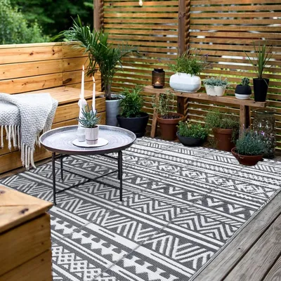 Obrázek produktu pro Venkovní koberec, 150 x 240 cm, odolný proti povětrnostním vlivům, oboustranná podlahová rohož, plast, terasový koberec, venkovní koberec, odolný proti UV záření, karavan, balkon, koberec na terasu, pláž, grilování, piknik, paluba, obývací pokoj