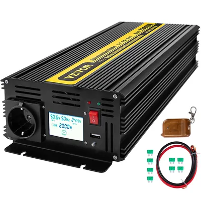 A black VEVOR power inverter with a yellow stripe and branding, displayed on a white background. Accessories like fuses, cables, and a remote are arranged around it.