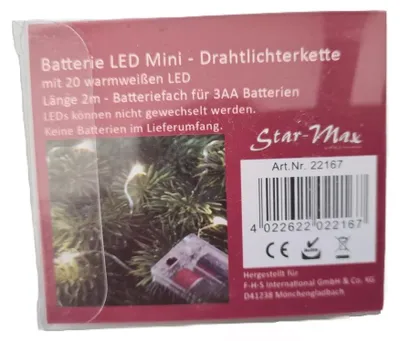 Zdjęcie produktu dla Łańcuch LED FHS z miedzianych ogniw, 20 sztuk, do wnętrz, ciepła biel, zasilanie bateryjne; 815223