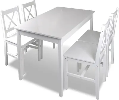 A white dining table and four white chairs.