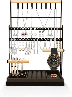 Produktbild von PromoHome® Schmuckständer mit 4 Ebenen - Samtschublade, Ringfuß - Organizer für Ketten, Armbänder, Ohrringe und Ringe - Schwarz