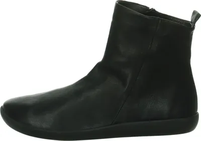 A black leather ankle boot is shown from the side against a white background.