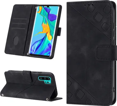 Produktbild von Hülle für Huawei P30 Pro Prägung Flip Leder Brieftasche Schutzhülle mit Ständer Schwarz