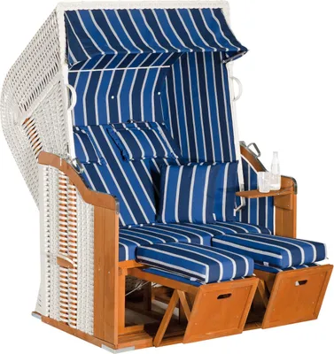 Produktbild von Rustikal Strandkorb 250 Plus 2-Sitzer, Halblieger Ostseeform, Geflecht weiß, Strukturpolyester blau-dunkelblau-weiß-gestreift, Fichtenholz lasiert, ca.125x90x160