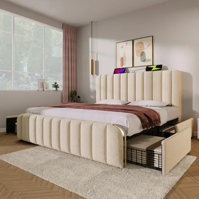 Productafbeelding van Zerbaco gestoffeerd tweepersoonsbed, 180x200 cm, met 4 lades, USB- en Type-C-oplaadfunctie, beige linnen stof, zonder matras
