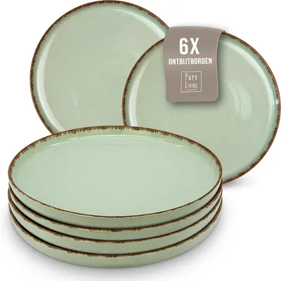 Image de Ensemble de 6 assiettes de petit-déjeuner, vert menthe, en grès, pour les desserts et les salades, lavables au lave-vaisselle