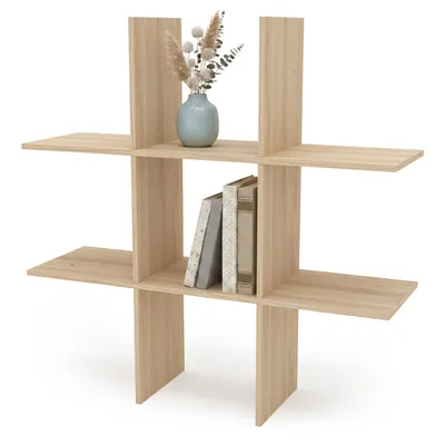 Productafbeelding van Houten wandplank 55 x 55 cm, zwevend met 6 vakken - naturel - Zwevende plank in kubusvorm met melaminefineer
