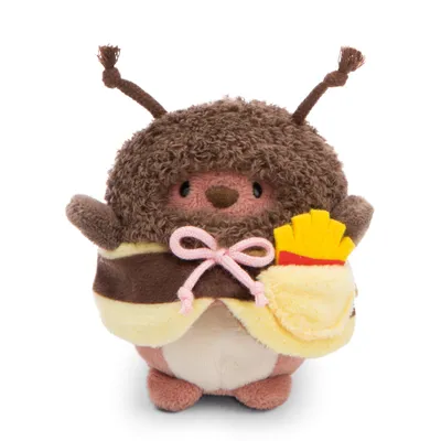 A plush toy bee character holding a small bag of fries.