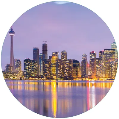 Produktbild von Wallario Premium Glasbild, freischwebende Optik, kräftige Farben, rund 50cm Durchmesser, Motiv Toronto Skyline - Kanada am Abend