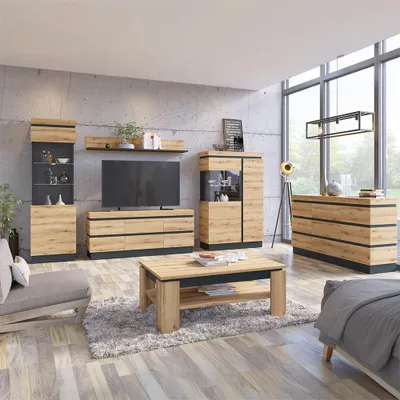Produktbild von Wohnmöbel-Set in Eiche, mit Vitrine und Sideboard, inkl. LED-Beleuchtung, 6-teilig - COLCHESTER-129