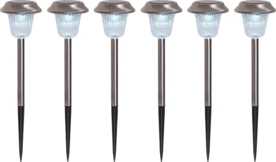 Produktbild von Näve Leuchten 4er Set LED Außenleuchte mit Erdspieß LED Solarleuchte GUSTAV mit Diode 6er-Set LED Solar-/Erdspieß "GUSTAV" Ø: 39 cm, Lampe für den Außenbereich im Modern-Style, aus Metall in silber, 39 cm hoch, Ø 10,5 cm, Diode – mit Schiebeschalter – Dämmerungssensor