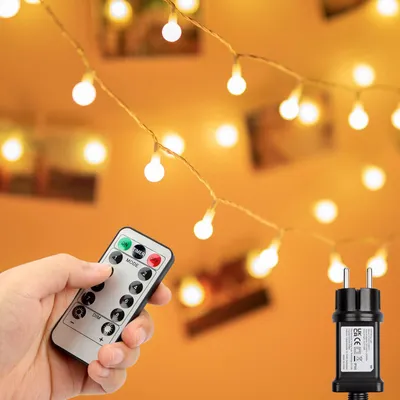 LED-Lichterkette 12 m, 100 warmweiße Kugeln, Fernbedienung, Timer, dimmbar