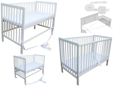 Produktbild von Kinderbett - Beistellbett - Babybett 120x60cm mit Matratze, Gurt und Rädern weiß