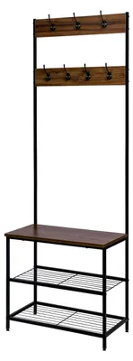 Produktbild von Garderobenständer mit Schuhregal und Sitzfläche, 7 Haken, aus Holz und Stahl, Schwarz Vintage