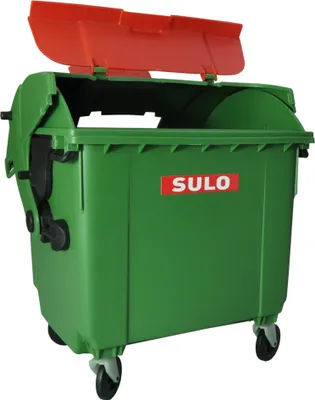 A green trash bin with a red lid, shown from a slight angle.