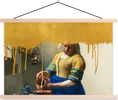 Produktbild von MuchoWow® Textilposter Milchmädchen - Gold - Vermeer 120x80 cm mit holzfarbenen Rahmen - Aufhängeset