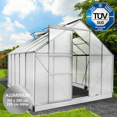 Produktbild von BRAST Gewächshaus Aluminium mit Fundament | 310x250x205cm | 6mm Hohlkammerplatten | rostfrei wetterfest temperaturbeständig | Silber