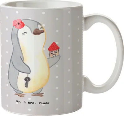 Produktbild von Mr. & Mrs. Panda Teebecher Immobilienkauffrau Herz - Grau Pastell - Geschenk, Einzugsgeschenk, Becher, Kaffeebecher, Hauskauf, Kaffeetasse, Ausbildung, Immobilienbüro