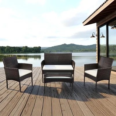 Produktbild von Vigevee 4-teiliges Polyrattan-Gartenmöbel-Set mit 2 Sesseln, Sofa, Glastisch und Kissen, Braun