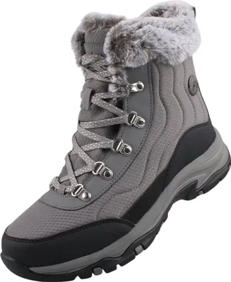A single gray winter boot with faux fur trim is shown against a white background.