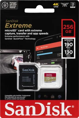 Immagine prodotto di SanDisk Extreme - Scheda di memoria flash (adattatore da microSDXC a SD incluso) - 256 GB - A2 / Classe video V30 / UHS-I U3 / Classe10 - microSDXC UHS-I