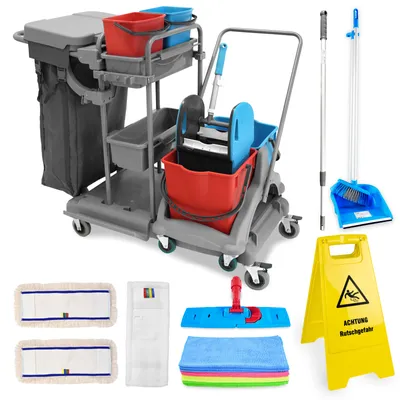 Produktbild von Hypafol Putzwagen Reinigungswagen Set | 2 x 25 l Eimer mit Wischmopp-Presse | Kehrgarnitur mit langem Stiel | 2x 50cm Baumwoll Wischmopp, 1x Mikrofaser-Mopp, 12 Mikrofasertücher | Warnschild