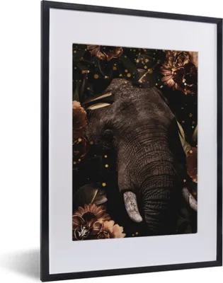Produktbild von MuchoWow® MuchoWow® Gerahmtes Poster Elefant - Blumen - Gold 30x40 cm - Poster mit zchwarzem Bilderrahmen - Wandposter Schlafzimmer