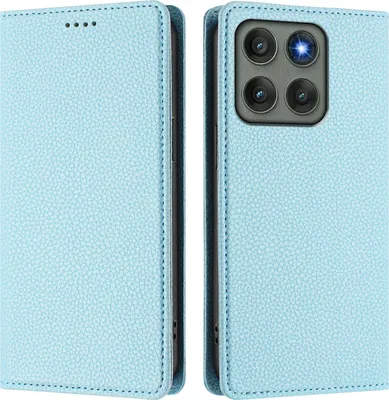 A light blue flip case for a smartphone, shown open and closed.