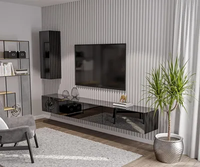 Obrázok produktu pre Zostava nástennej skrinky, TV stolík 270 cm a bočná skrinka na stenu, čierny vysoký lesk, moderný dizajn, nástenná obývacia zostava
